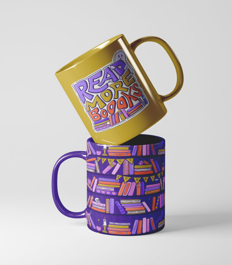 Two stacked mugs featuring Halloween bookish designs—top mug has “Read More Booooks” with ghost and books, bottom mug has a repeating purple bookshelf pattern