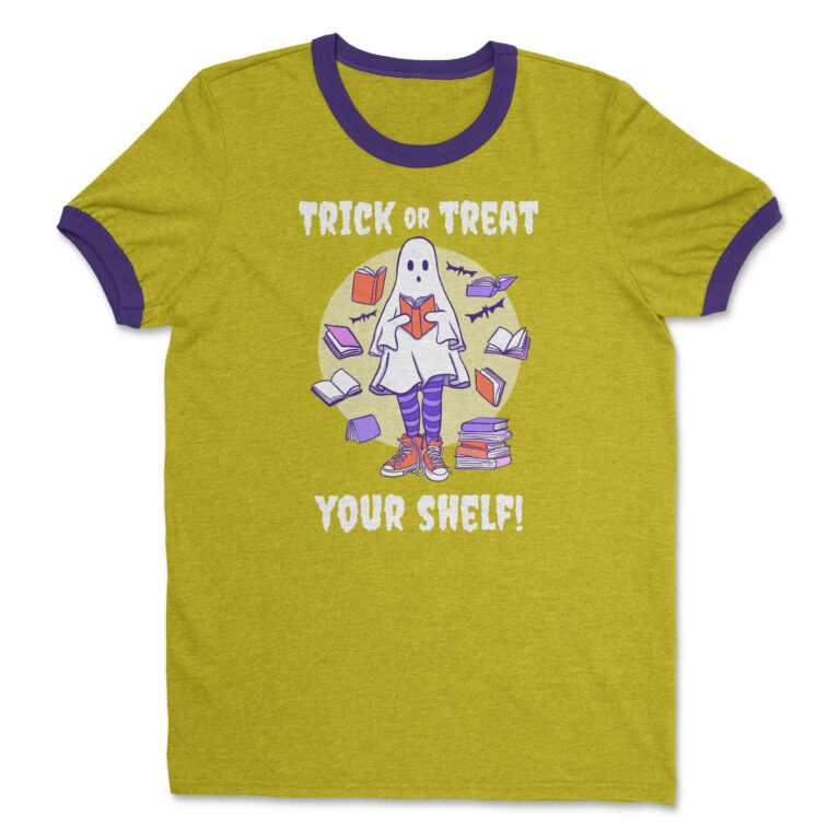 Green ringer t-shirt with purple trim featuring a ghost in a costume surrounded by flying books and bats with the phrase “Trick or Treat Your Shelf