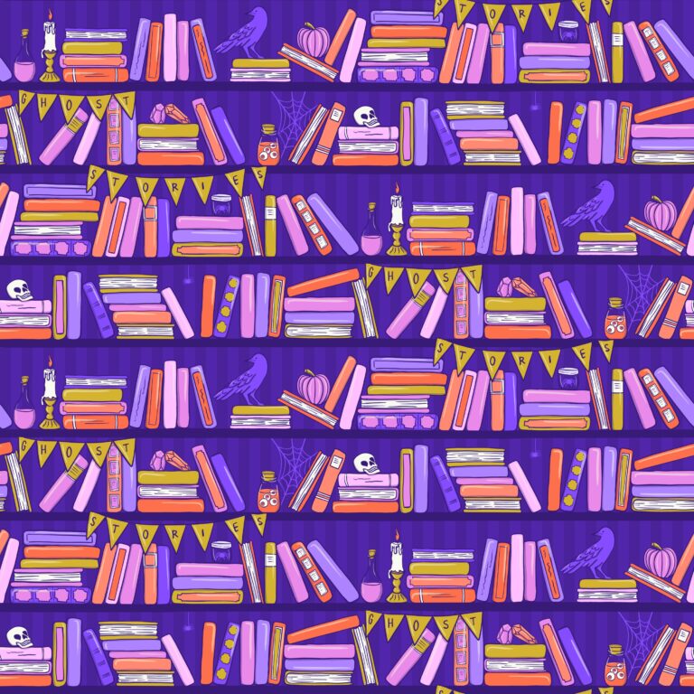 Seamless Halloween bookshelf pattern featuring purple bookshelves decorated with spooky items like candles, skulls, and potion jars