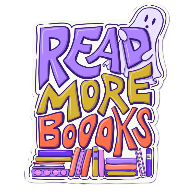 Die-cut sticker with hand-drawn ghost, books, and bold colorful text that reads “Read More Booooks