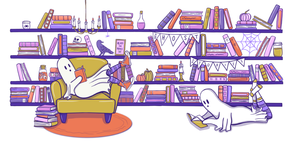 Whimsical bookshelf scene with two ghosts reading in a cozy Halloween-themed library, decorated with potions, spiderwebs, and a ghost stories banner