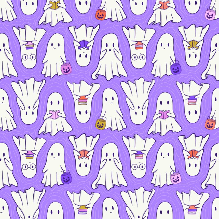 Repeating pattern of cute cartoon ghosts holding books and Halloween candy buckets on a purple background