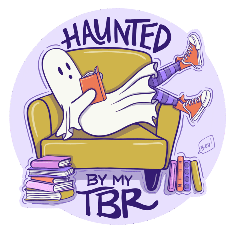 Cartoon ghost lounging on a mustard yellow armchair reading a book, with stacks of books nearby and the phrase ‘Haunted by my TBR’ in purple lettering.