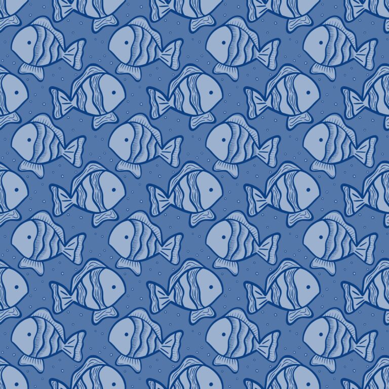 Seamless hand-drawn pattern of tropical fish in shades of blue on a textured blue background.
