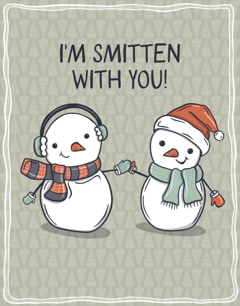 Two cheerful snowmen holding hands, wearing scarves and winter accessories, set against a soft green patterned background with the phrase "I'm smitten with you!" — romantic snowman greeting card art by Mollie Hendrick.