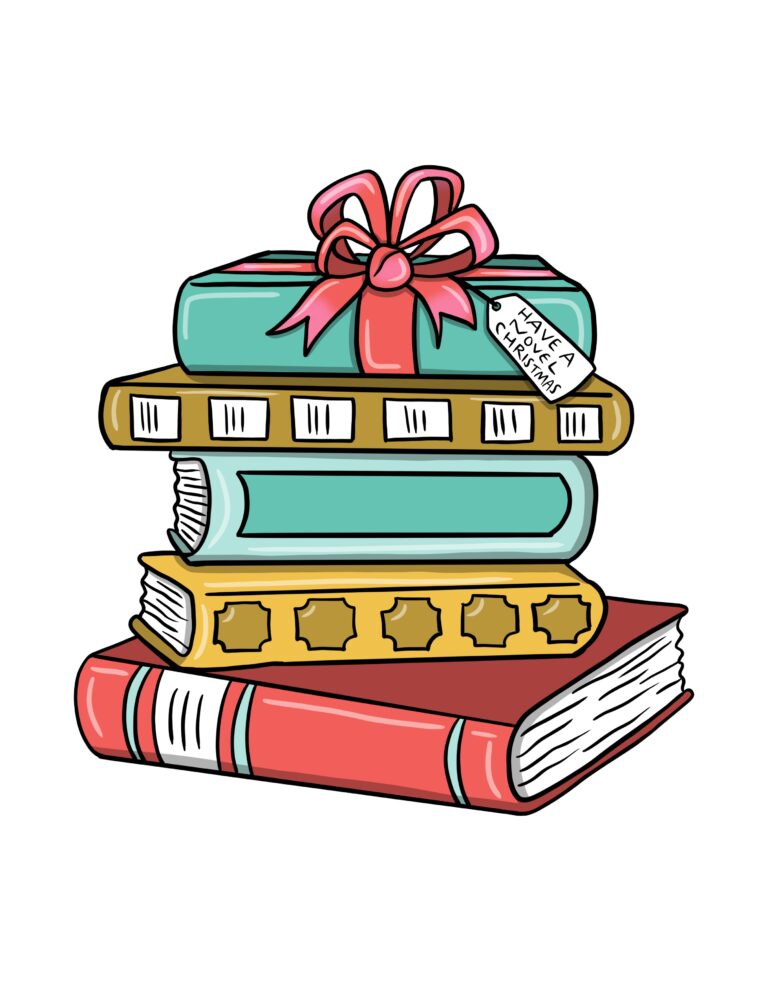 Whimsical holiday illustration of a stacked pile of books with a wrapped gift on top and a tag that says 'Have a Novel Christmas'.