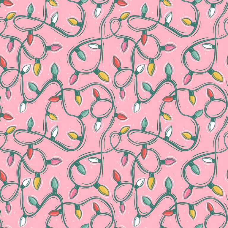 Playful Christmas surface pattern of colorful string lights on a pink background, whimsical holiday illustration.