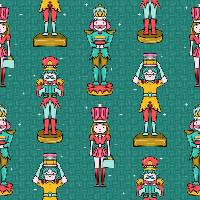Whimsical nutcracker surface pattern with colorful characters holding books on a teal background, festive bookish Christmas design.