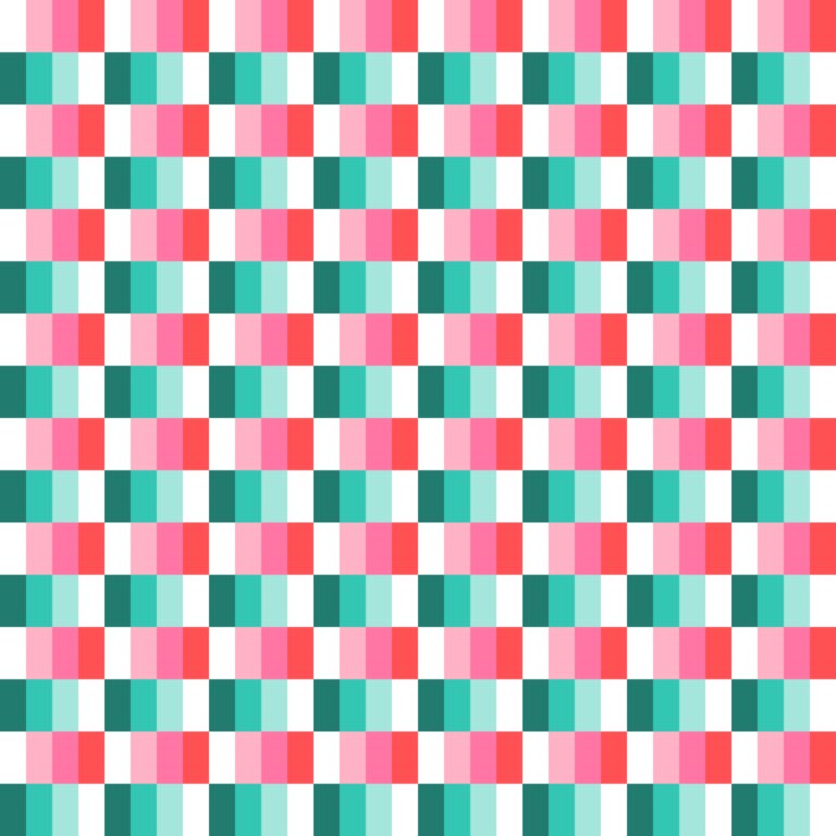 Bold checkered surface pattern with alternating red, pink, and teal squares, playful modern geometric holiday design.