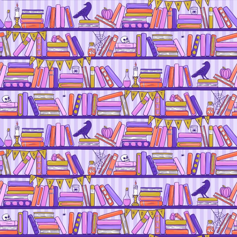 Whimsical bookshelf pattern with stacked books, candles, skulls, potion bottles, and ravens in pink, orange, and purple.