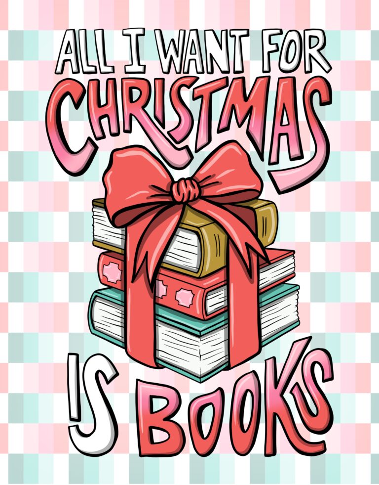 Festive holiday illustration of a stack of wrapped books tied with a red bow on a plaid background with the phrase 'All I Want for Christmas is Books'.