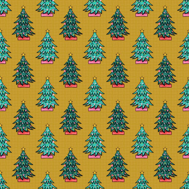 Seamless Christmas tree pattern with decorated evergreen trees in pink planters on a golden background, retro holiday surface design.