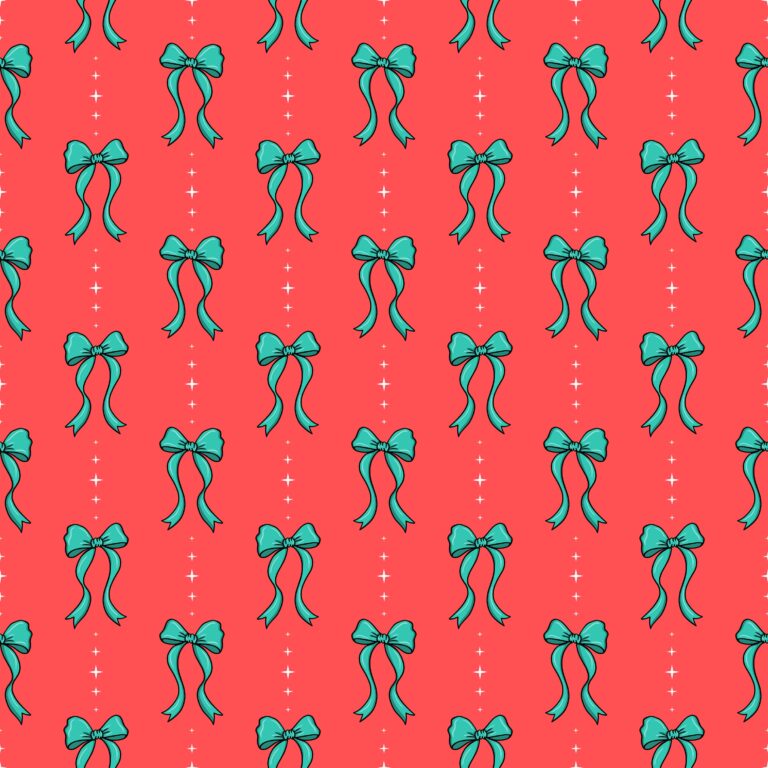 Seamless holiday surface pattern with teal bows on a bright red background, festive Christmas wrapping paper design.