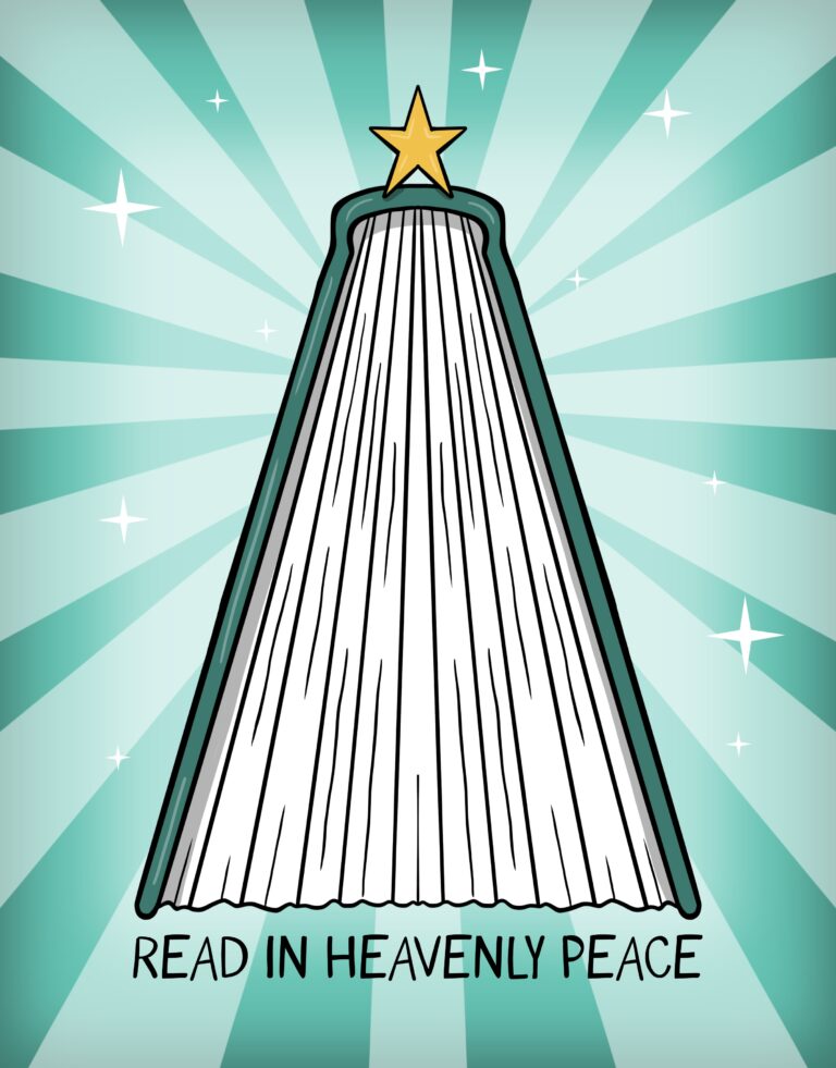 Whimsical Christmas illustration of a book shaped like a glowing Christmas tree with a golden star on top and the phrase 'Read in Heavenly Peace'.