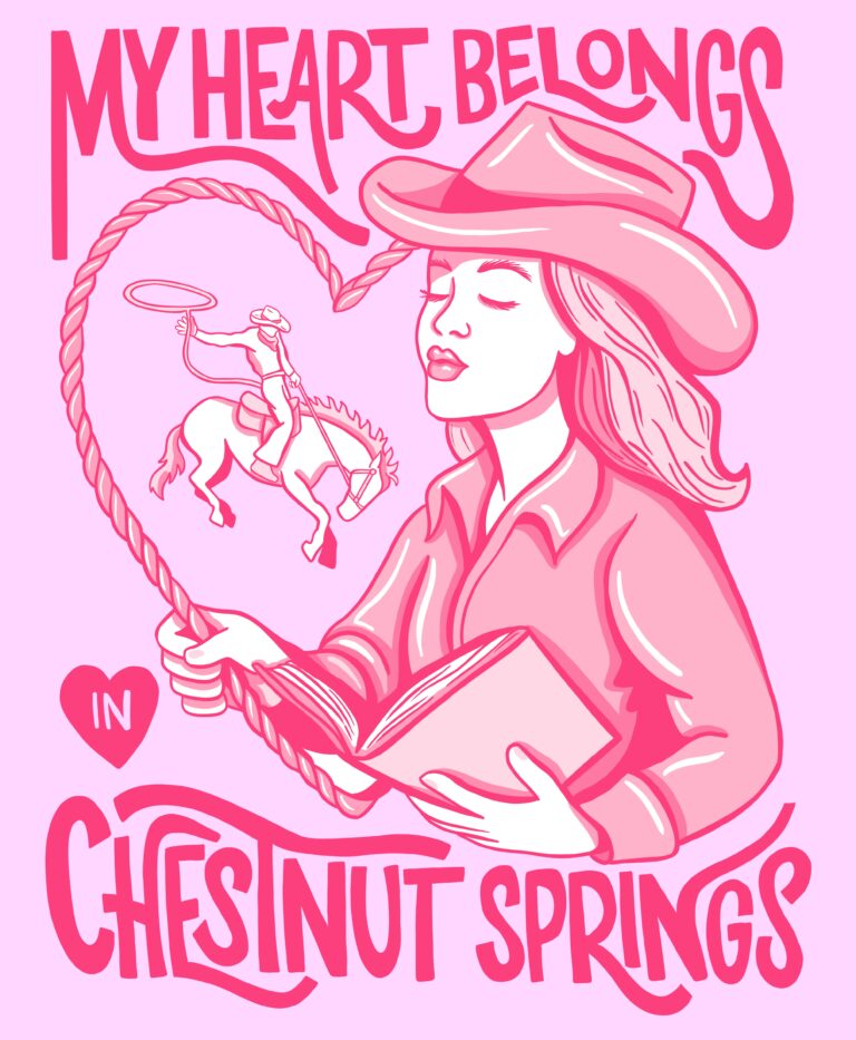 Romantic western-inspired illustration of a cowgirl reading a book with a lasso forming a heart and the phrase 'My Heart Belongs in Chestnut Springs' in pink lettering.
