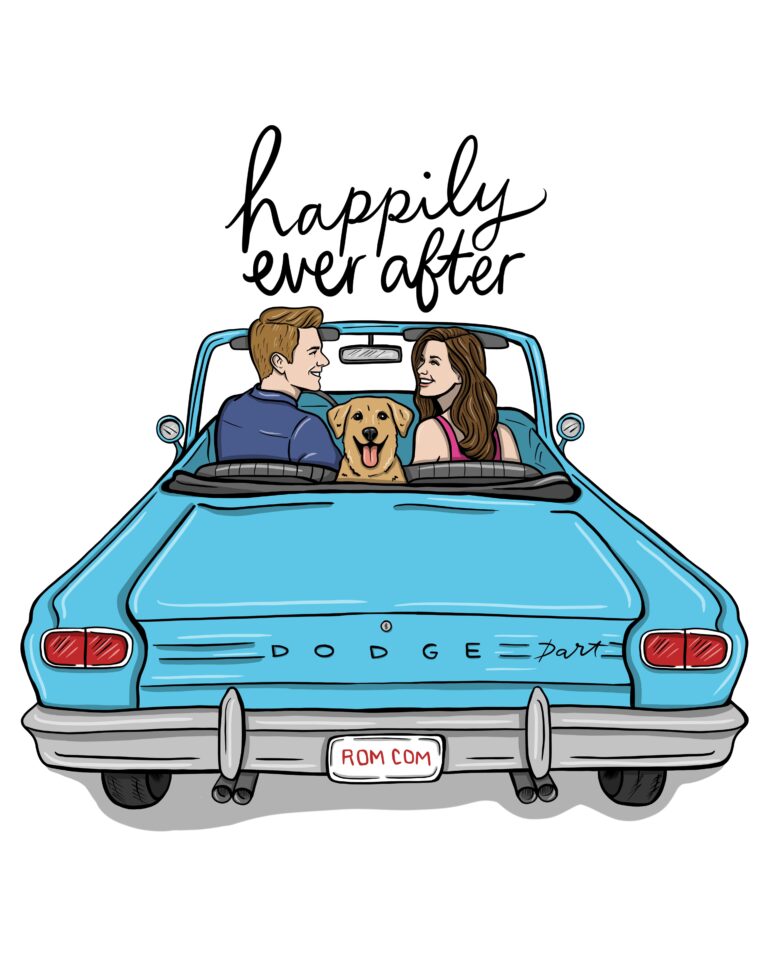 Whimsical romantic illustration of a couple smiling in a vintage blue Dodge car with their dog in the backseat and the phrase 'Happily Ever After' above them.