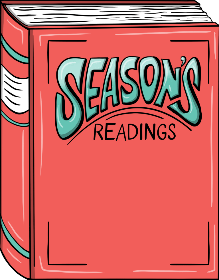 Festive holiday illustration of a large red book with the phrase 'Season’s Readings' on the cover, playful bookish Christmas artwork.