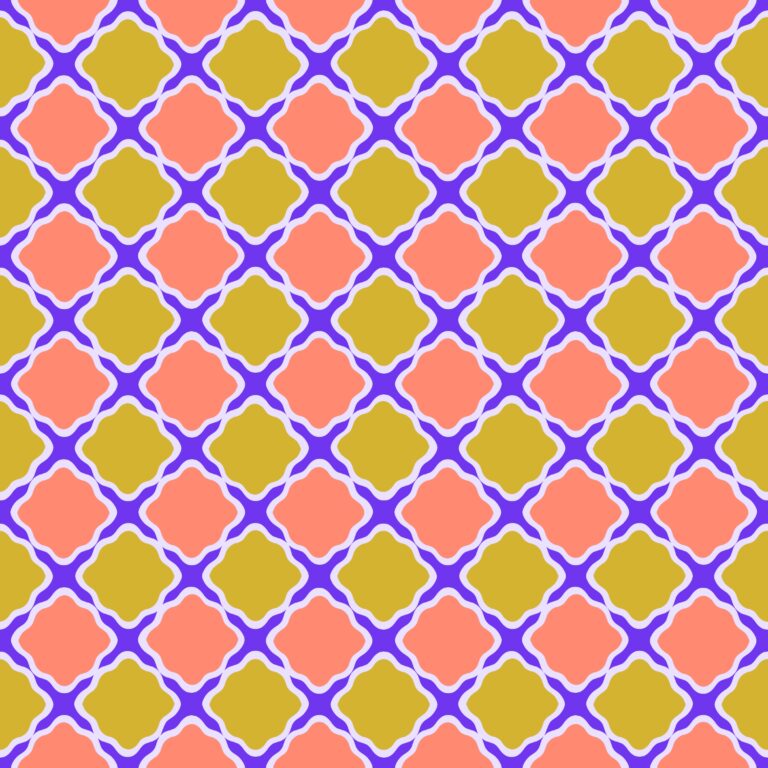 Colorful Moroccan-inspired trellis pattern in orange, chartreuse, and purple.